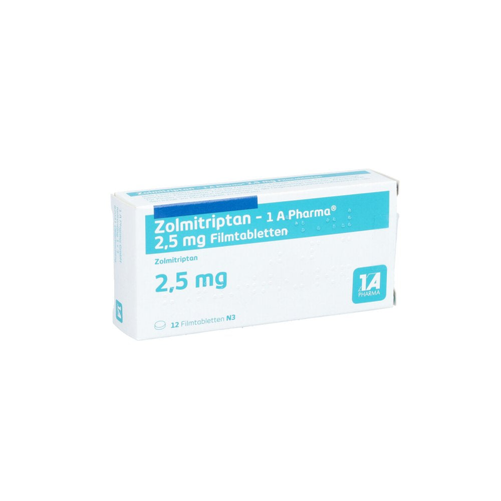 Das Produktfoto zeigt Zolmitriptan-1a Pharma 2,5 Mg Filmtabletten (12 stk) PZN 09427378