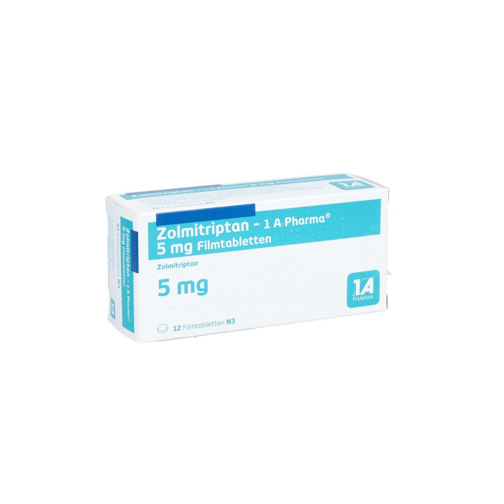 Das Produktfoto zeigt Zolmitriptan-1a Pharma 5 Mg Filmtabletten (12 stk) PZN 09427409