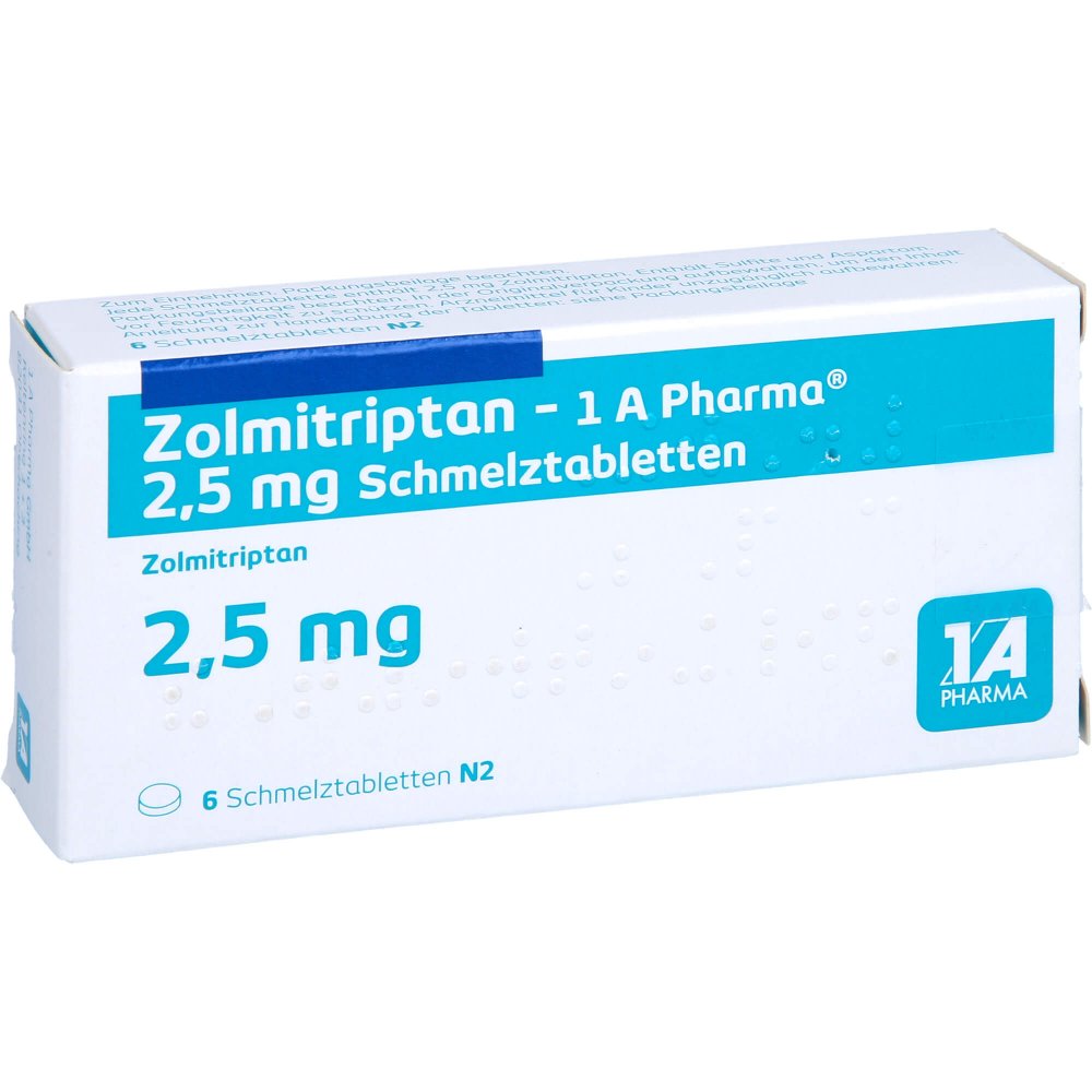 Das Produktfoto zeigt Zolmitriptan-1a Pharma 2,5 Mg Schmelztabletten (6 stk) PZN 09427421