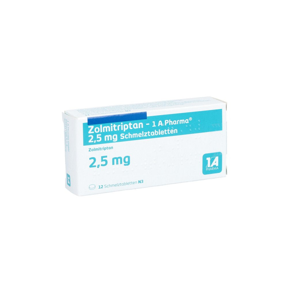Das Produktfoto zeigt Zolmitriptan-1a Pharma 2,5 Mg Schmelztabletten (12 stk) PZN 09427438