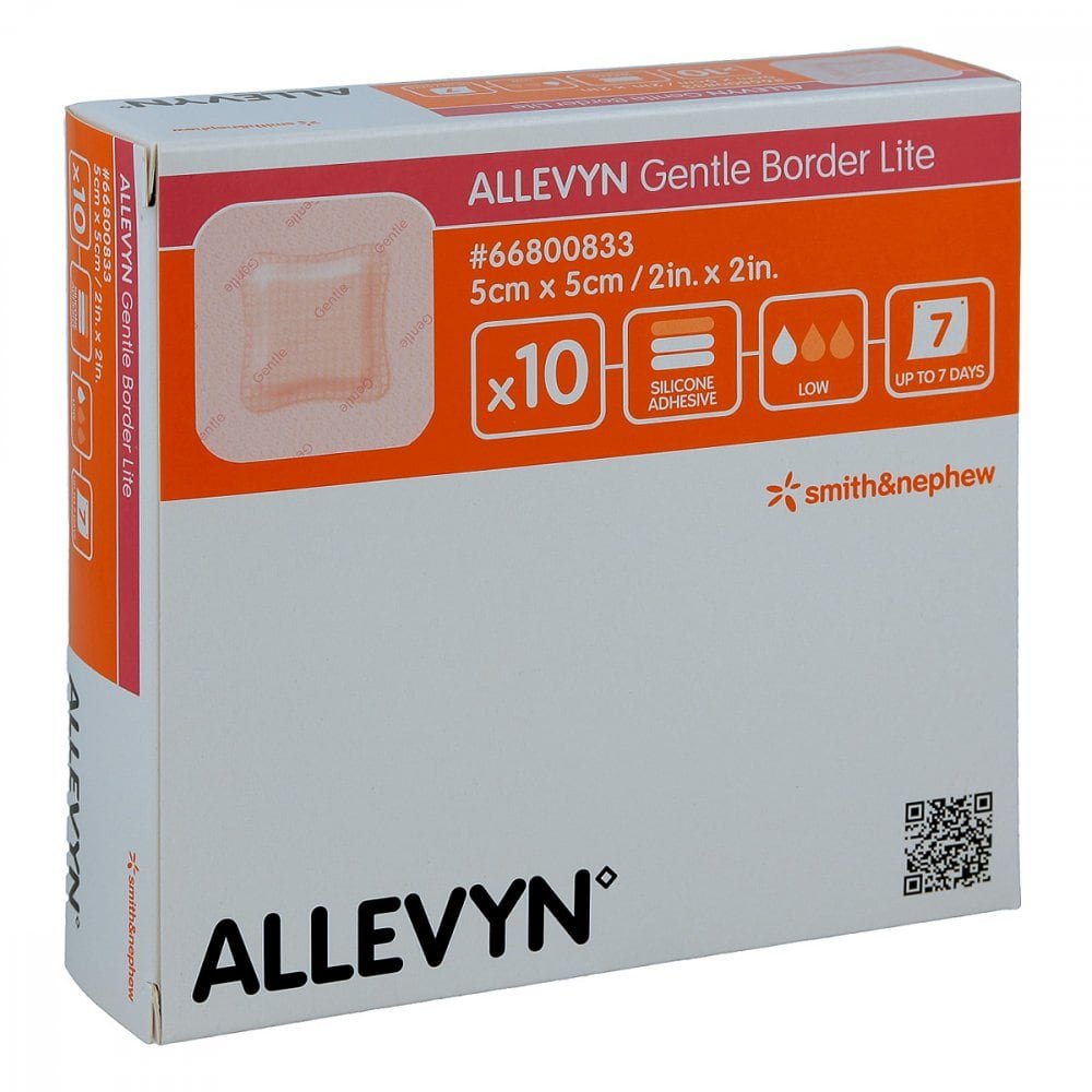 Das Produktfoto zeigt Allevyn Gentle Border Lite 5x5 Cm Schaumverb. (10 stk) PZN 09431196