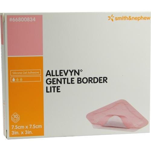 Das Produktfoto zeigt Allevyn Gentle Border Lite 7,5x7,5 Cm Schaumverb. (10 stk) PZN 09431210