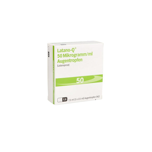 Das Produktfoto zeigt Latano-Q 50 Mikrogramm/Ml Augentropfen (3X2.5 ml) PZN 09435136