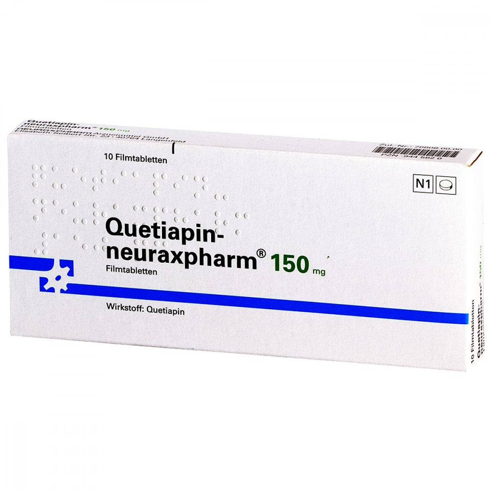 Das Produktfoto zeigt Quetiapin-Neuraxpharm 150 Mg Filmtabletten (10 stk) PZN 09445620