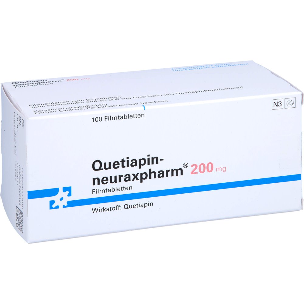 Das Produktfoto zeigt Quetiapin-Neuraxpharm 200 Mg Filmtabletten (100 stk) PZN 09445703