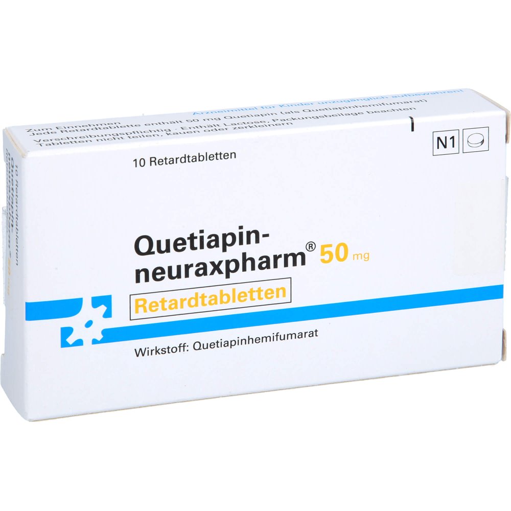Das Produktfoto zeigt Quetiapin-Neuraxpharm 50 Mg Retardtabletten (10 stk) PZN 09445784