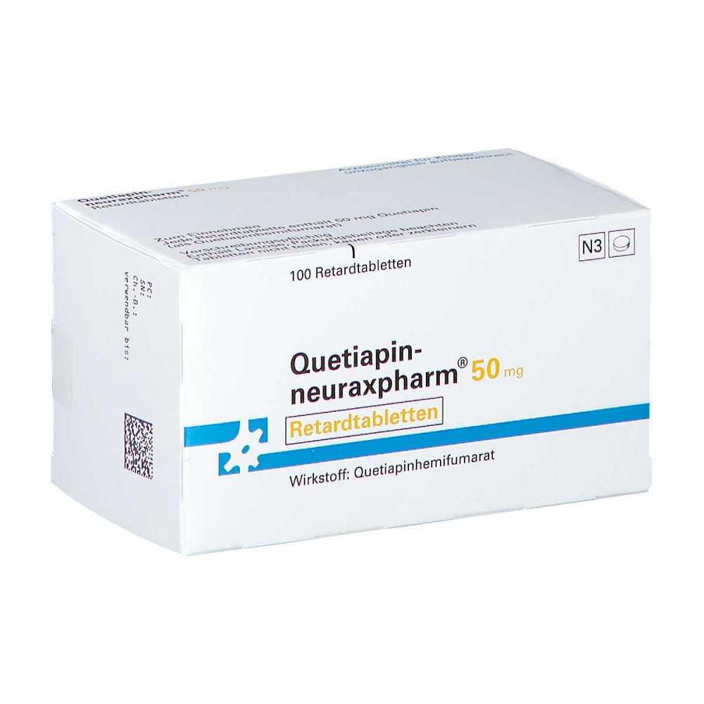 Das Produktfoto zeigt Quetiapin-Neuraxpharm 50 Mg Retardtabletten (100 stk) PZN 09445809