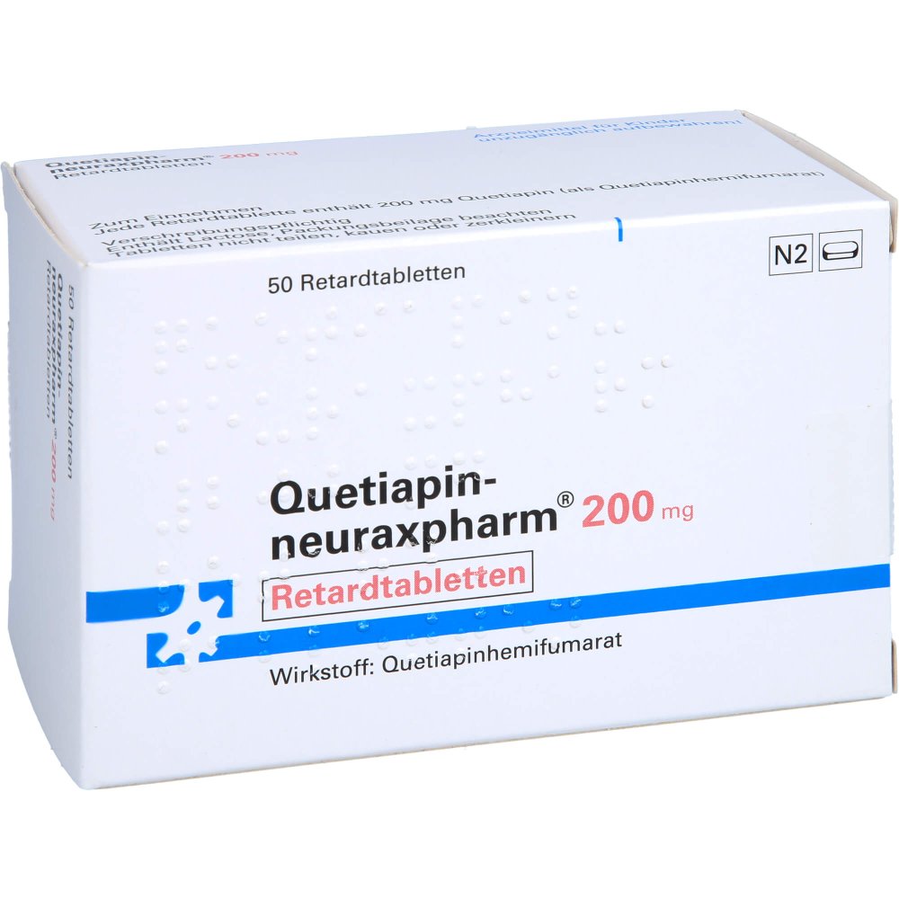 Das Produktfoto zeigt Quetiapin-Neuraxpharm 200 Mg Retardtabletten (50 stk) PZN 09445838
