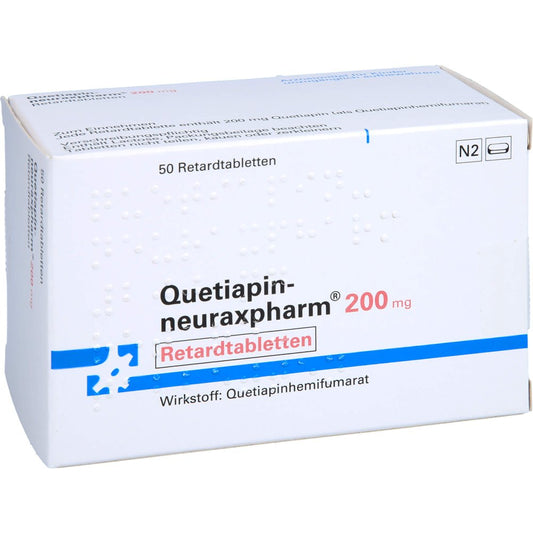 Das Produktfoto zeigt Quetiapin-Neuraxpharm 200 Mg Retardtabletten (50 stk) PZN 09445838