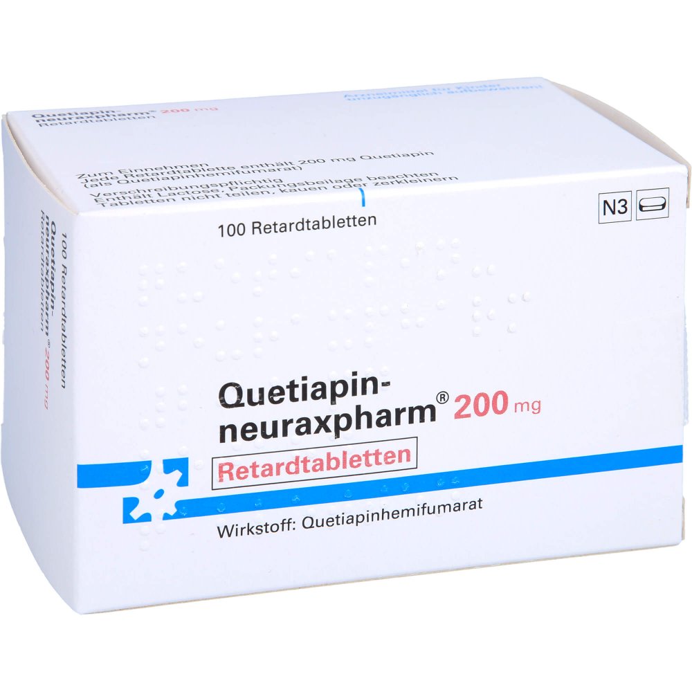 Das Produktfoto zeigt Quetiapin-Neuraxpharm 200 Mg Retardtabletten (100 stk) PZN 09445844