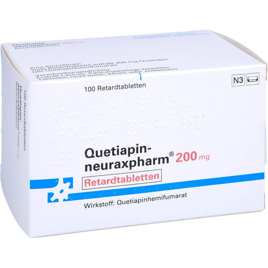 Das Produktfoto zeigt Quetiapin-Neuraxpharm 200 Mg Retardtabletten (100 stk) PZN 09445844