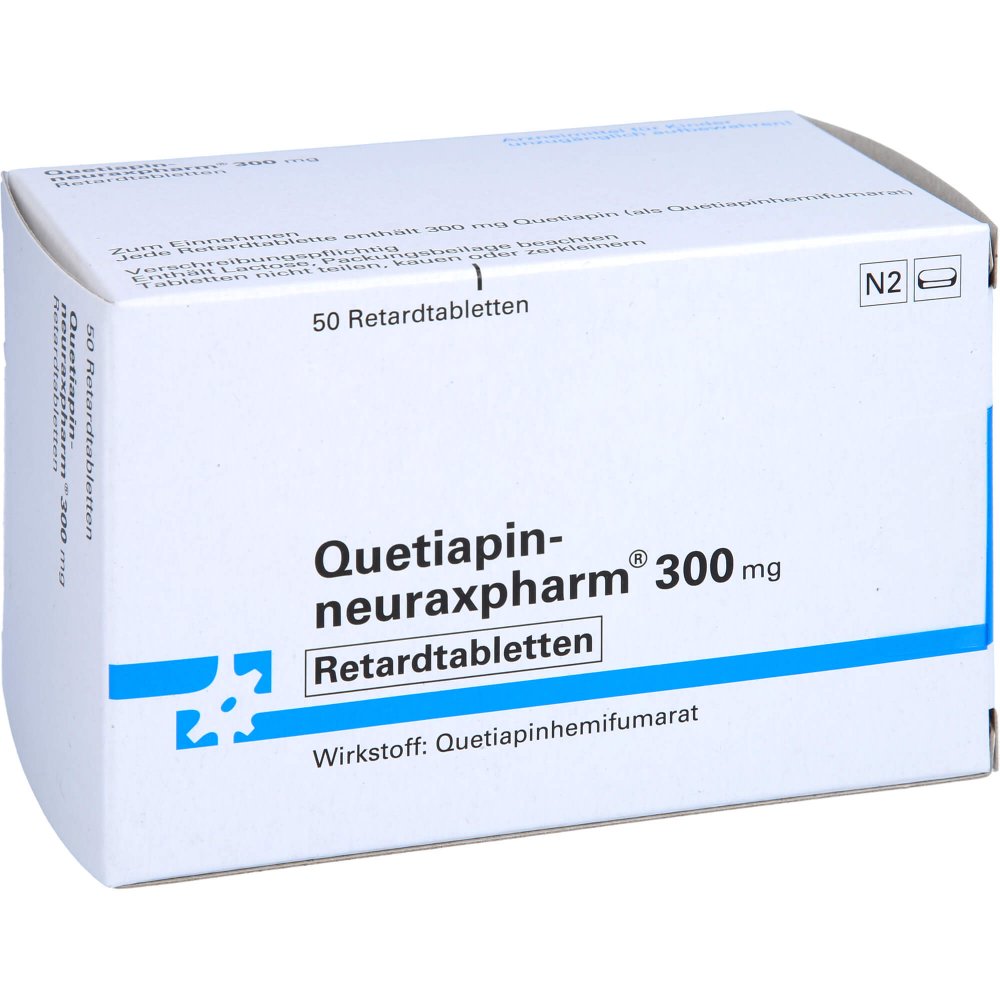 Das Produktfoto zeigt Quetiapin-Neuraxpharm 300 Mg Retardtabletten (50 stk) PZN 09445873