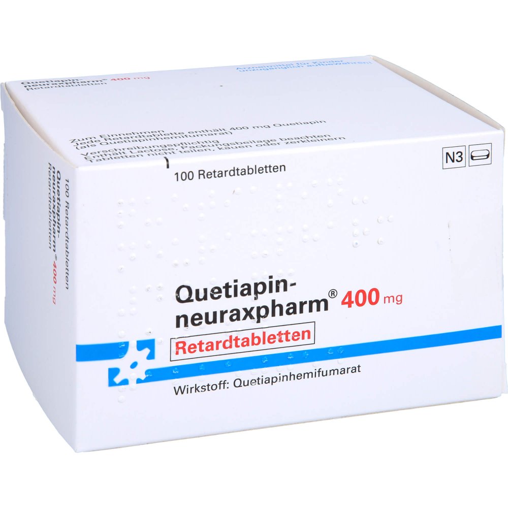 Das Produktfoto zeigt Quetiapin-Neuraxpharm 400 Mg Retardtabletten (100 stk) PZN 09445933