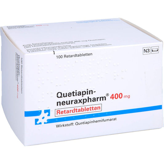 Das Produktfoto zeigt Quetiapin-Neuraxpharm 400 Mg Retardtabletten (100 stk) PZN 09445933
