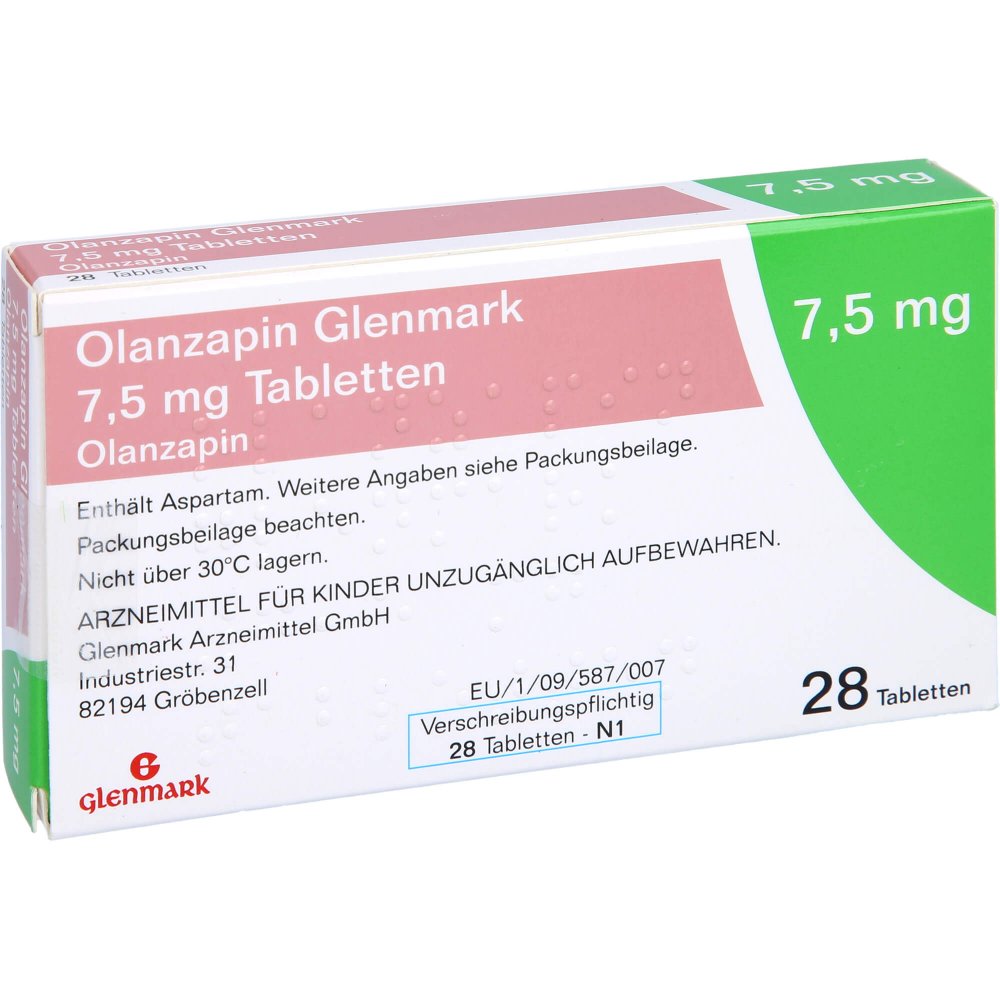Das Produktfoto zeigt Olanzapin Glenmark 7,5 Mg Tabletten (28 stk) PZN 09465953