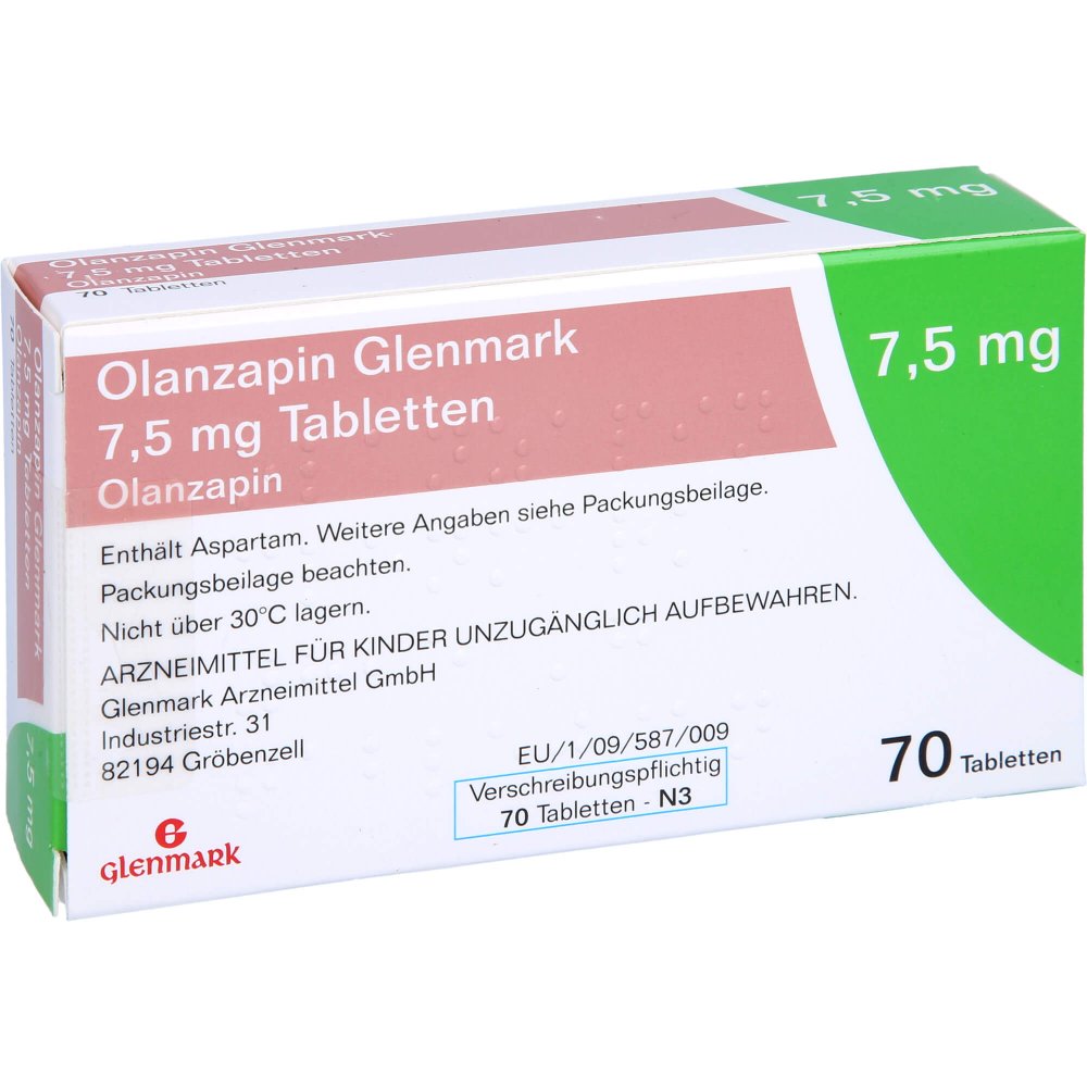 Das Produktfoto zeigt Olanzapin Glenmark 7,5 Mg Tabletten (70 stk) PZN 09465982