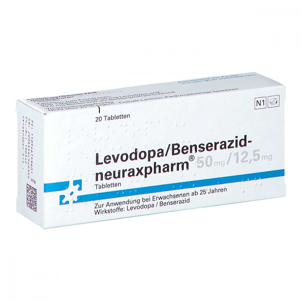 Das Produktfoto zeigt Levodopa/Benserazid-Neuraxpharm 50 Mg/12,5 Mg Tab. (20 stk) PZN 09467596