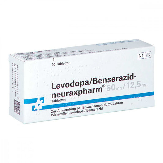 Das Produktfoto zeigt Levodopa/Benserazid-Neuraxpharm 50 Mg/12,5 Mg Tab. (20 stk) PZN 09467596