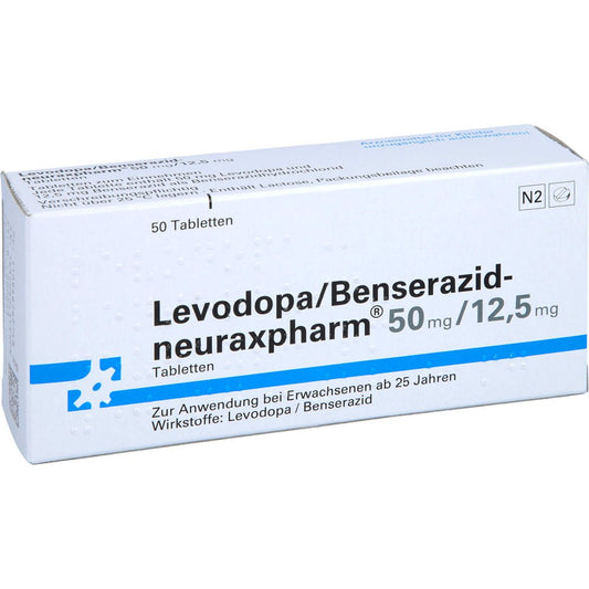 Das Produktfoto zeigt Levodopa/Benserazid-Neuraxpharm 50 Mg/12,5 Mg Tab. (50 stk) PZN 09467627