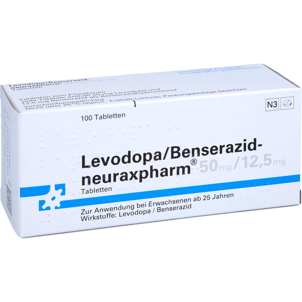 Das Produktfoto zeigt Levodopa/Benserazid-Neuraxpharm 50 Mg/12,5 Mg Tab. (100 stk) PZN 09467656