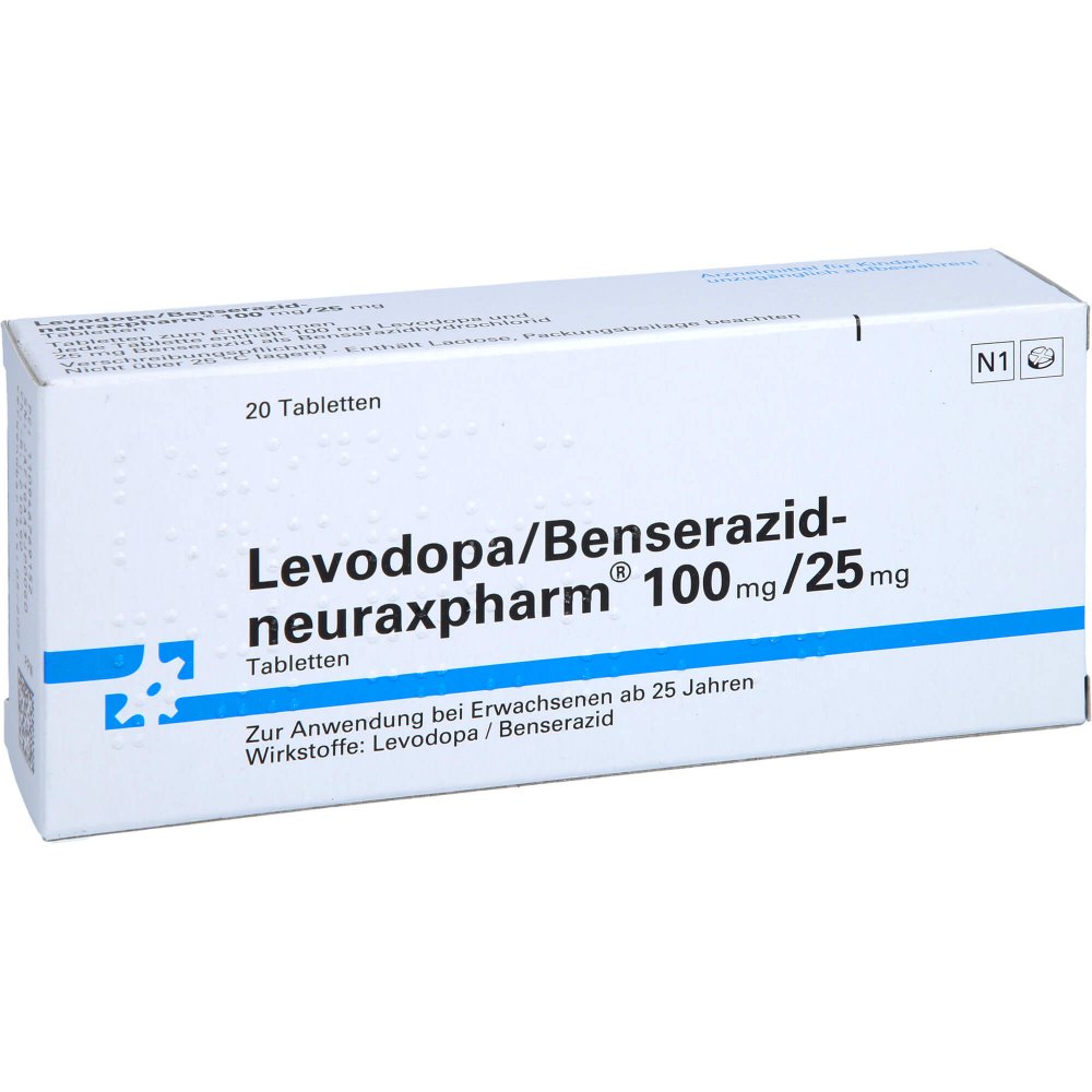 Das Produktfoto zeigt Levodopa/Benserazid-Neuraxpharm 100 Mg/25 Mg Tabl. (20 stk) PZN 09467691