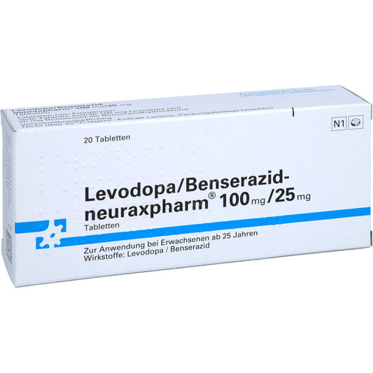 Das Produktfoto zeigt Levodopa/Benserazid-Neuraxpharm 100 Mg/25 Mg Tabl. (20 stk) PZN 09467691