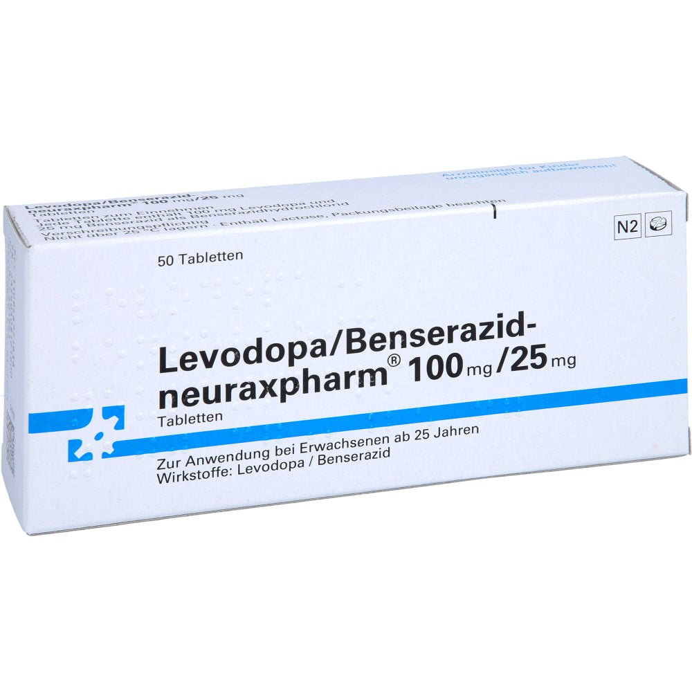 Das Produktfoto zeigt Levodopa/Benserazid-Neuraxpharm 100 Mg/25 Mg Tabl. (50 stk) PZN 09467716
