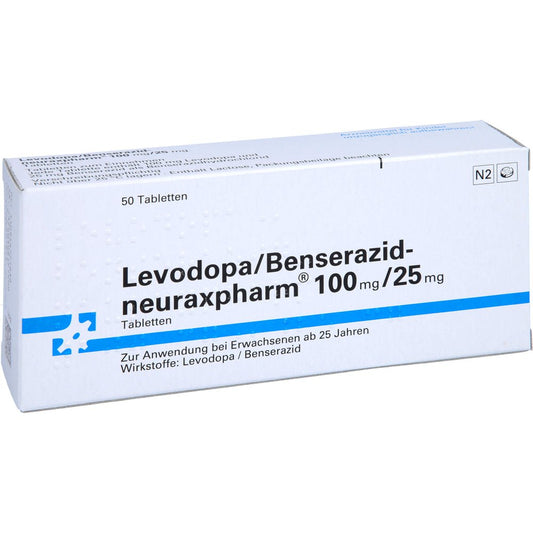 Das Produktfoto zeigt Levodopa/Benserazid-Neuraxpharm 100 Mg/25 Mg Tabl. (50 stk) PZN 09467716