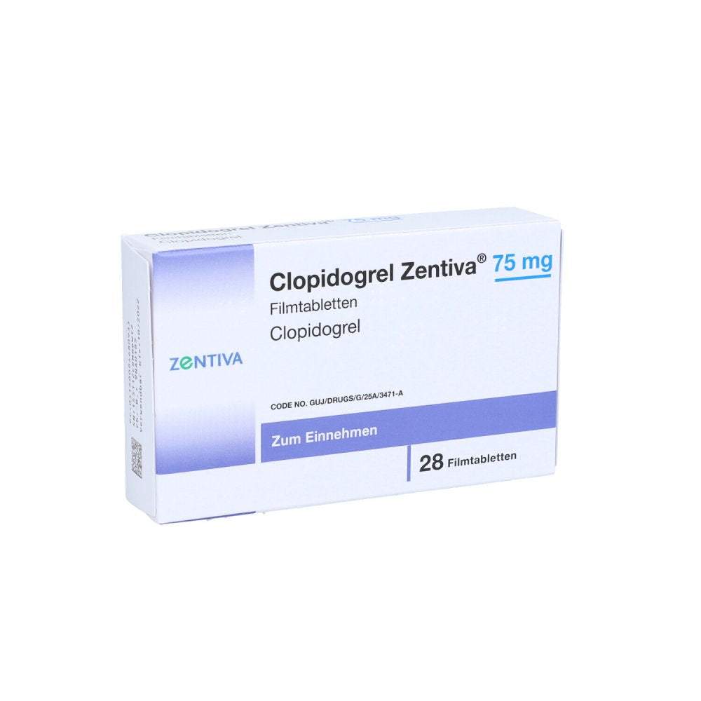 Das Produktfoto zeigt Clopidogrel Zentiva 75 Mg Filmtabletten (28 stk) PZN 09468093