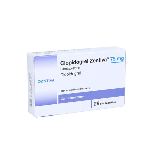 Das Produktfoto zeigt Clopidogrel Zentiva 75 Mg Filmtabletten (28 stk) PZN 09468093