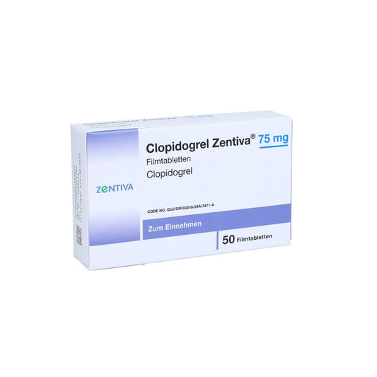 Das Produktfoto zeigt Clopidogrel Zentiva 75 Mg Filmtabletten (50 stk) PZN 09468101