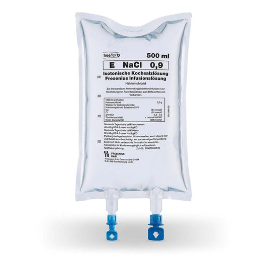 Das Produktfoto zeigt Isotonische Kochsalzlösung Fresenius Freeflex+ (20X500 ml) PZN 09477471
