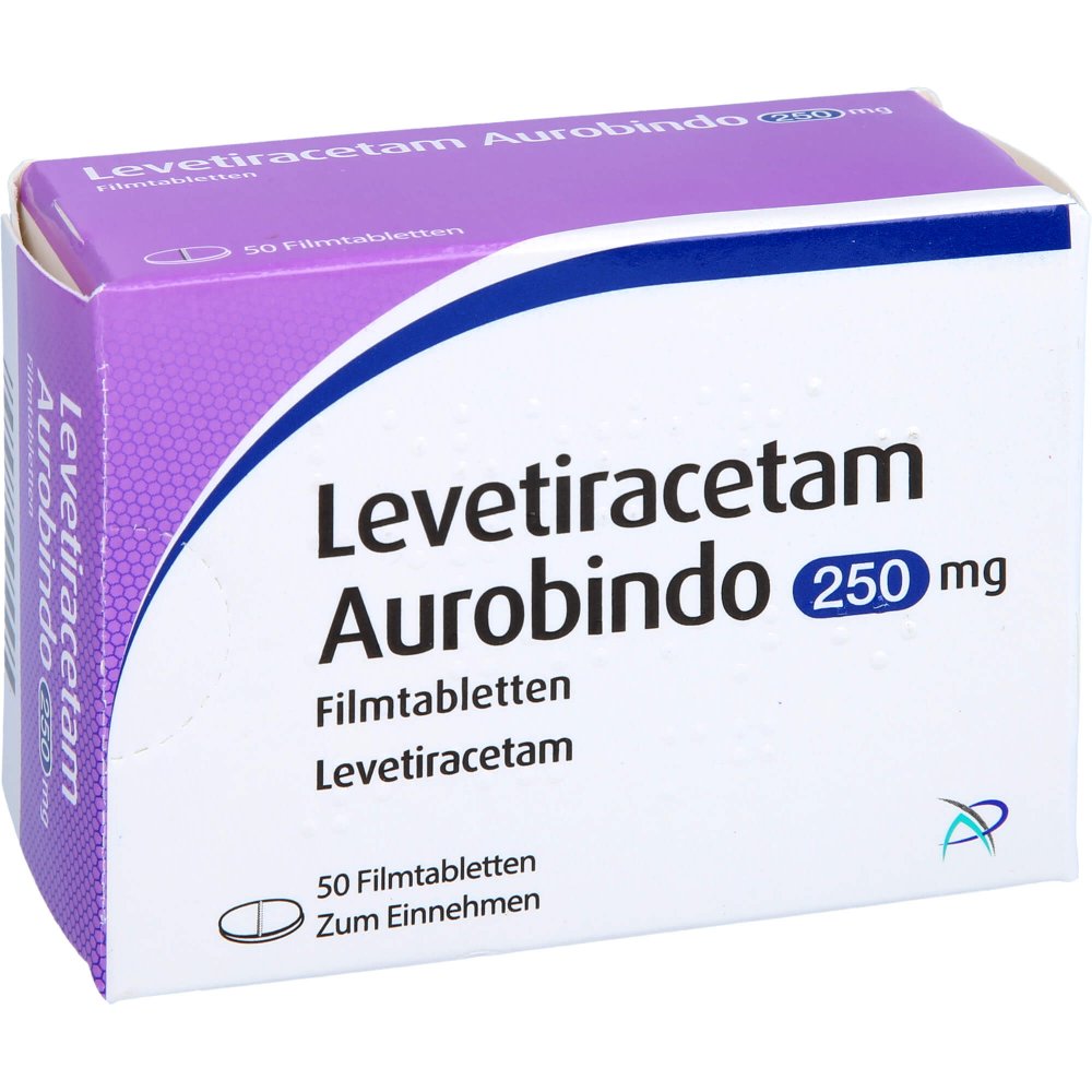 Das Produktfoto zeigt Levetiracetam Aurobindo 250 Mg Filmtabletten (50 stk) PZN 09478660