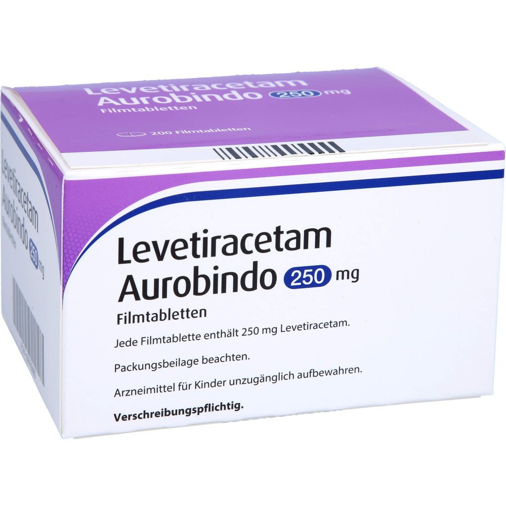 Das Produktfoto zeigt Levetiracetam Aurobindo 250 Mg Filmtabletten (200 stk) PZN 09478683