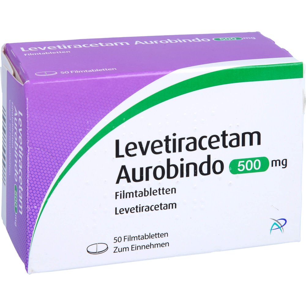 Das Produktfoto zeigt Levetiracetam Aurobindo 500 Mg Filmtabletten (50 stk) PZN 09478708