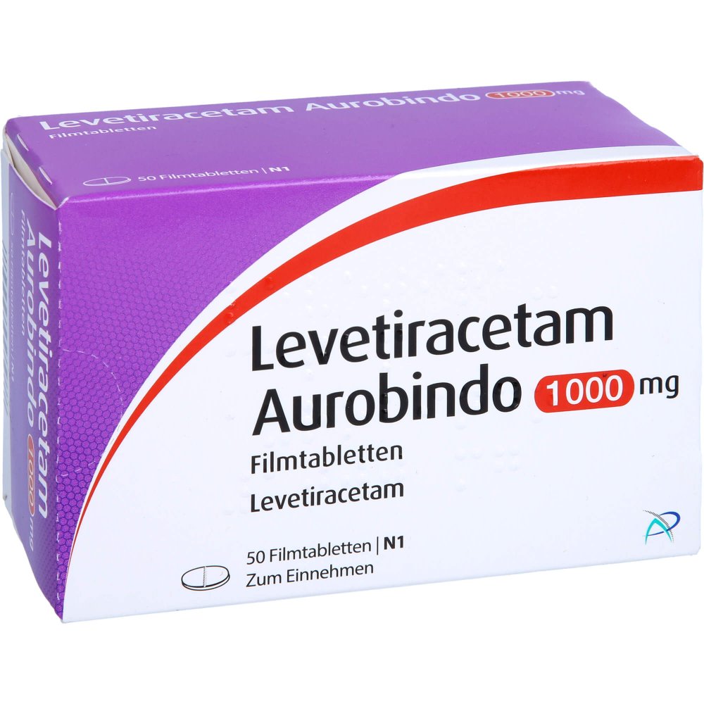 Das Produktfoto zeigt Levetiracetam Aurobindo 1000 Mg Filmtabletten (50 stk) PZN 09478772