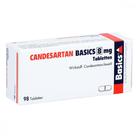 Das Produktfoto zeigt Candesartan Basics 8 Mg Tabletten (98 stk) PZN 09482822