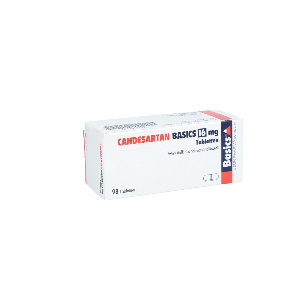 Das Produktfoto zeigt Candesartan Basics 16 Mg Tabletten (98 stk) PZN 09482851