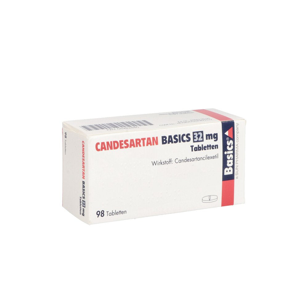 Das Produktfoto zeigt Candesartan Basics 32 Mg Tabletten (98 stk) PZN 09482880