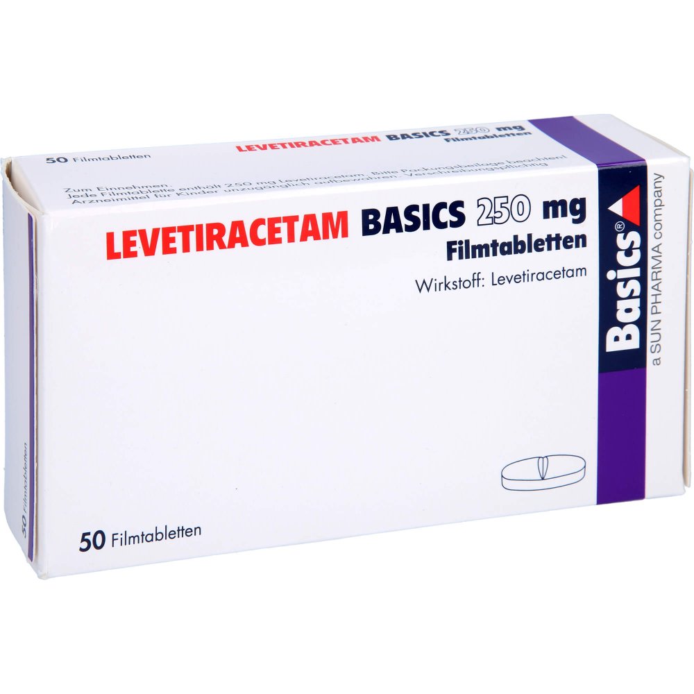 Das Produktfoto zeigt Levetiracetam Basics 250 Mg Filmtabletten (50 stk) PZN 09482897