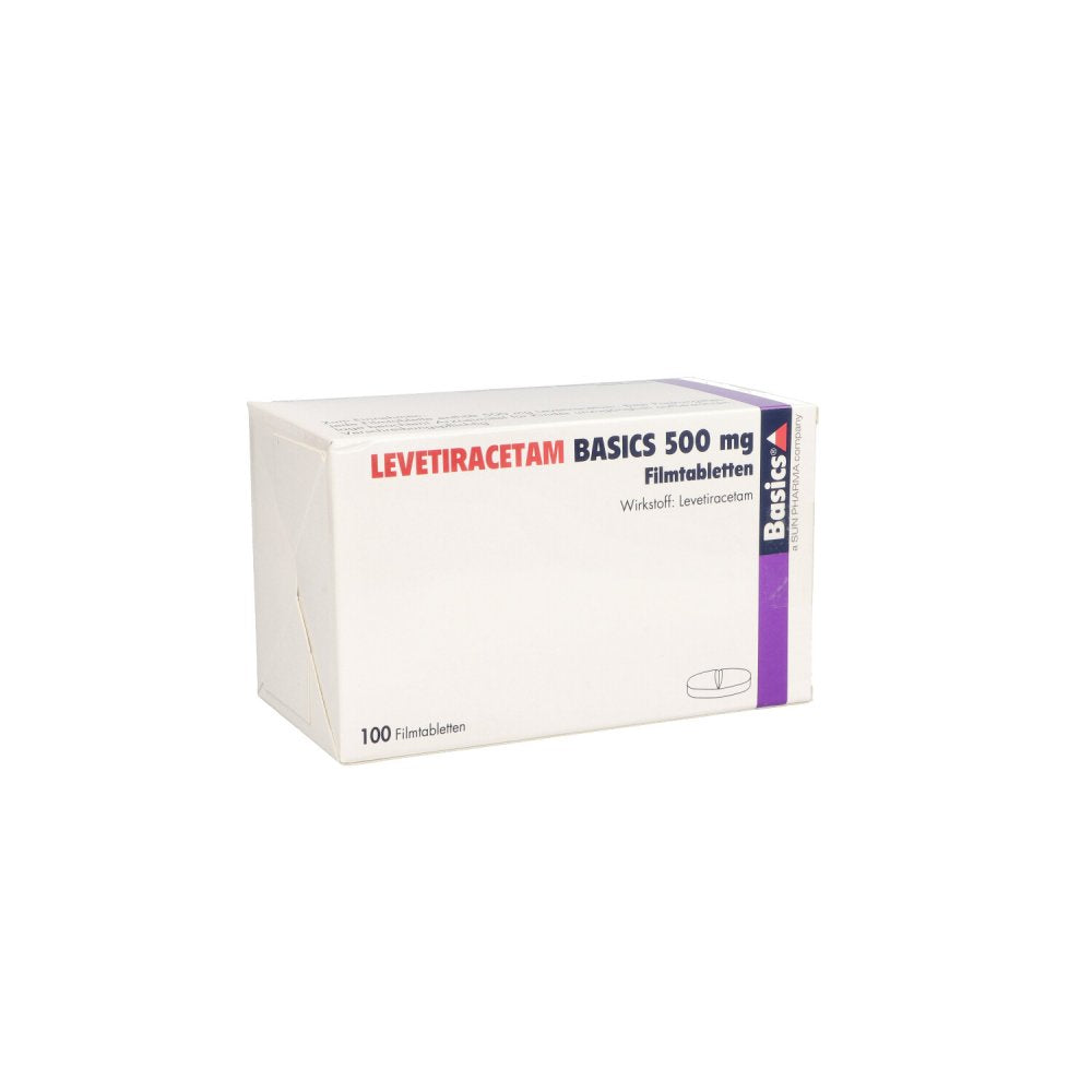Das Produktfoto zeigt Levetiracetam Basics 500 Mg Filmtabletten (100 stk) PZN 09482934