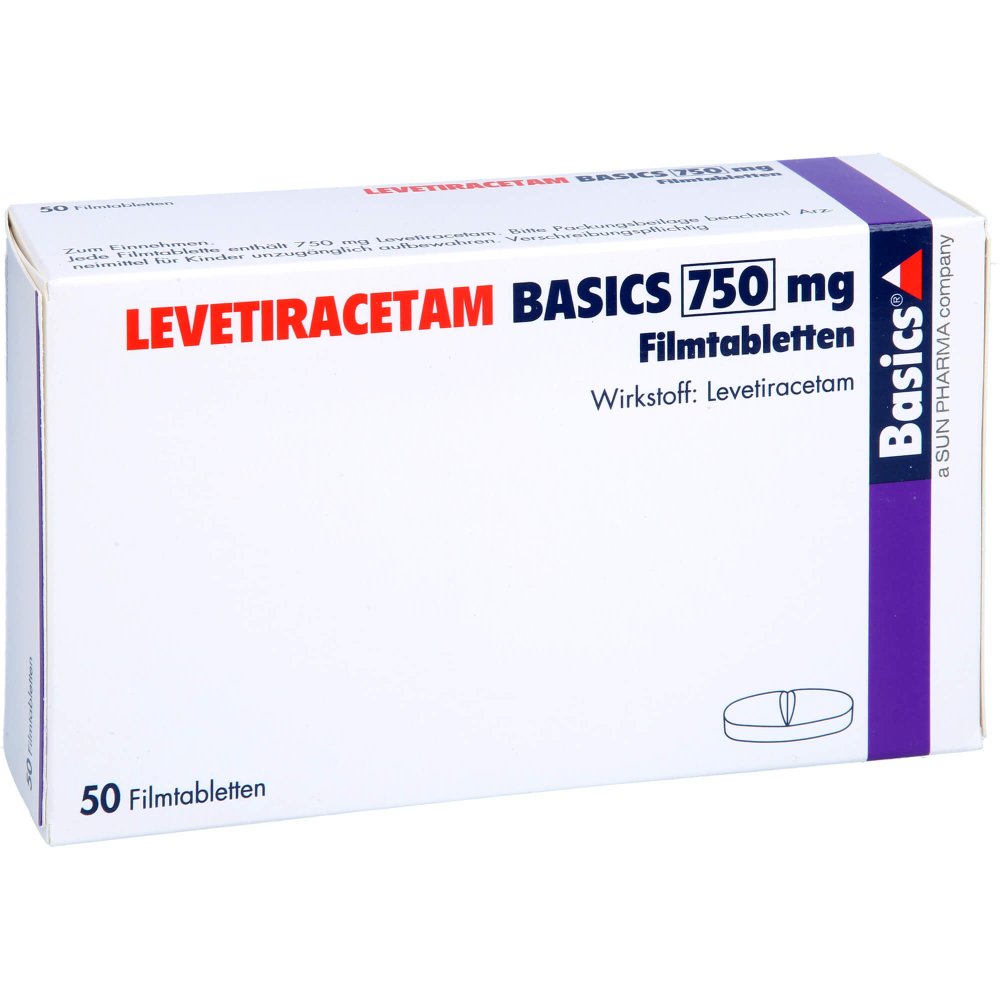 Das Produktfoto zeigt Levetiracetam Basics 750 Mg Filmtabletten (50 stk) PZN 09482957