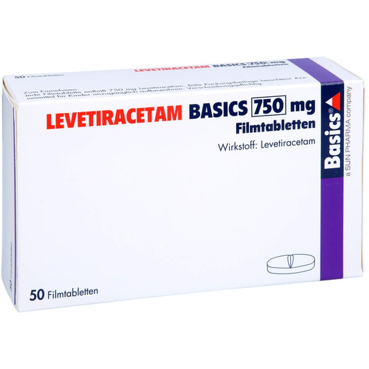 Das Produktfoto zeigt Levetiracetam Basics 750 Mg Filmtabletten (50 stk) PZN 09482957