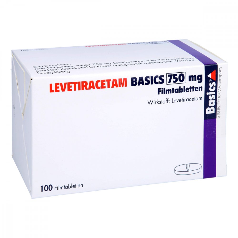 Das Produktfoto zeigt Levetiracetam Basics 750 Mg Filmtabletten (100 stk) PZN 09482963