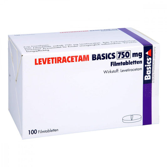 Das Produktfoto zeigt Levetiracetam Basics 750 Mg Filmtabletten (100 stk) PZN 09482963