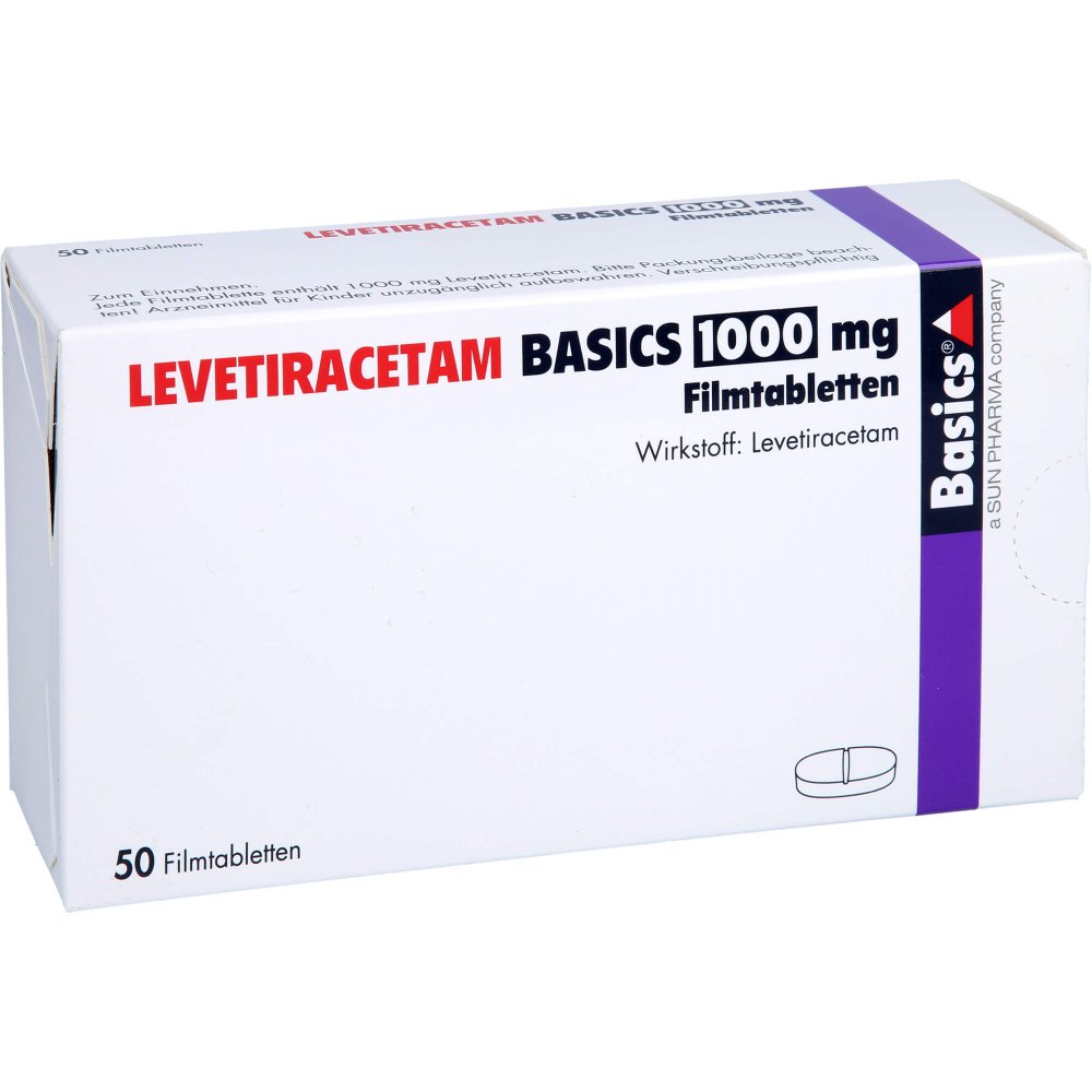 Das Produktfoto zeigt Levetiracetam Basics 1000 Mg Filmtabletten (50 stk) PZN 09482992