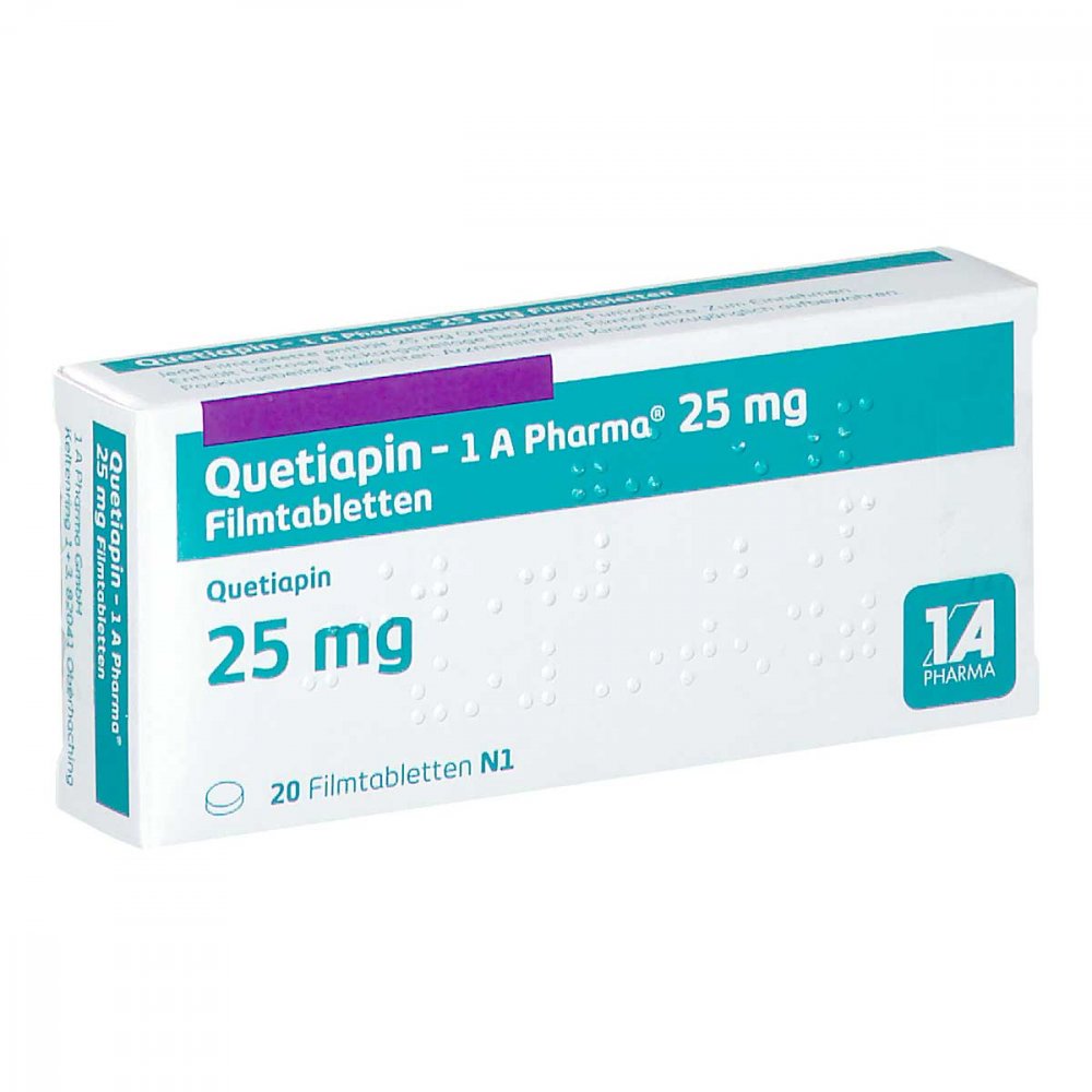Das Produktfoto zeigt Quetiapin-1a Pharma 25 Mg Filmtabletten (20 stk) PZN 09494529