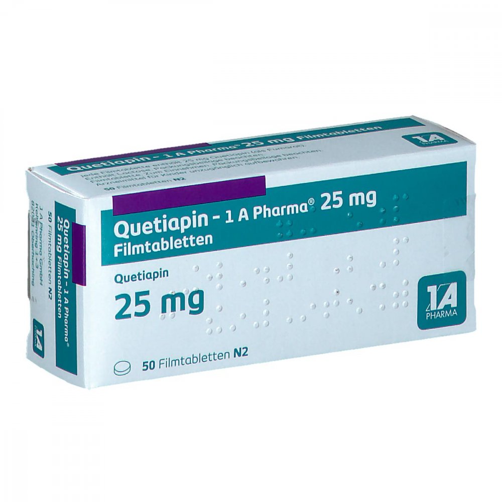 Das Produktfoto zeigt Quetiapin-1a Pharma 25 Mg Filmtabletten (50 stk) PZN 09494535
