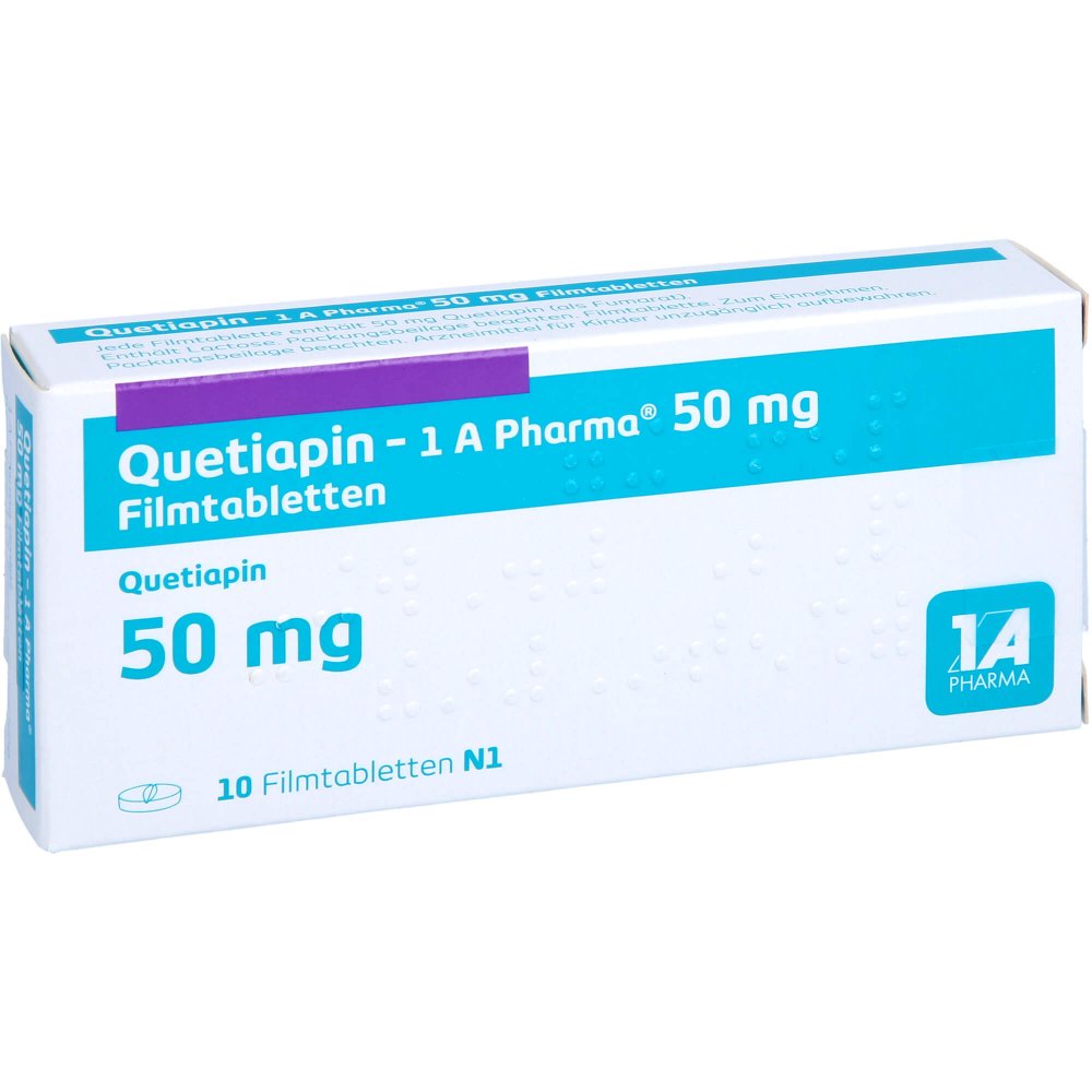 Das Produktfoto zeigt Quetiapin-1a Pharma 50 Mg Filmtabletten (10 stk) PZN 09494558