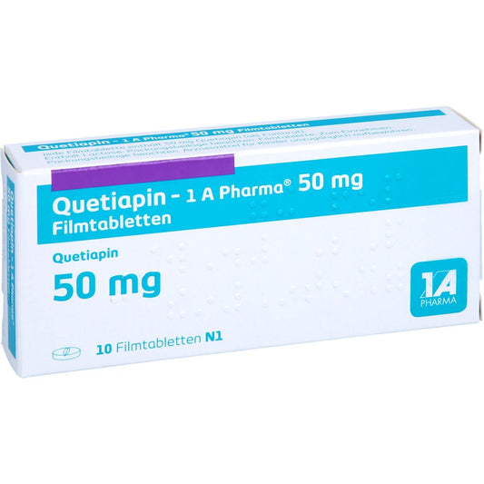 Das Produktfoto zeigt Quetiapin-1a Pharma 50 Mg Filmtabletten (10 stk) PZN 09494558